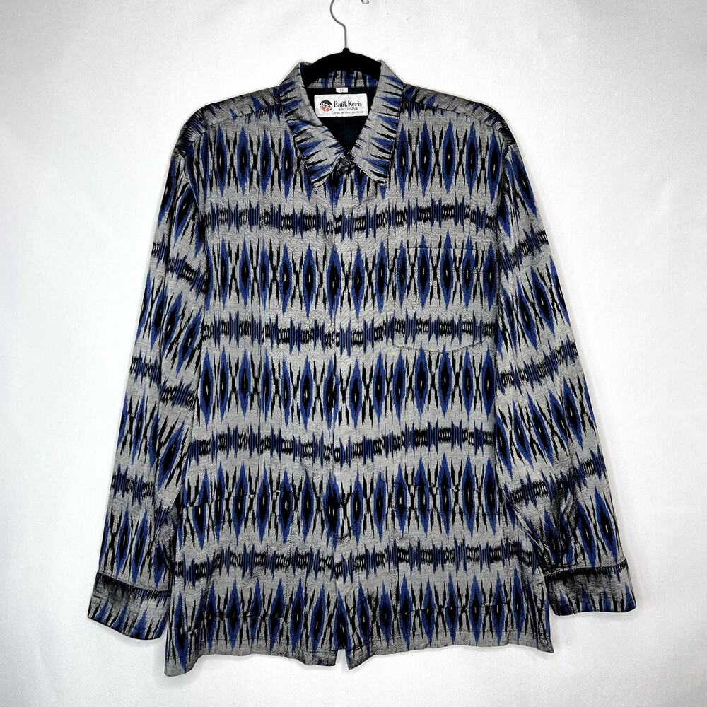 Batik Keris Shirt Mens Size 17 Blue Button Up Long Sleeve Cotton Casual